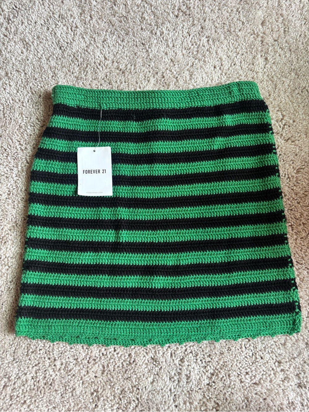 NWT Forever 21 Green Black Striped Crochet Knit Mini Skirt XS